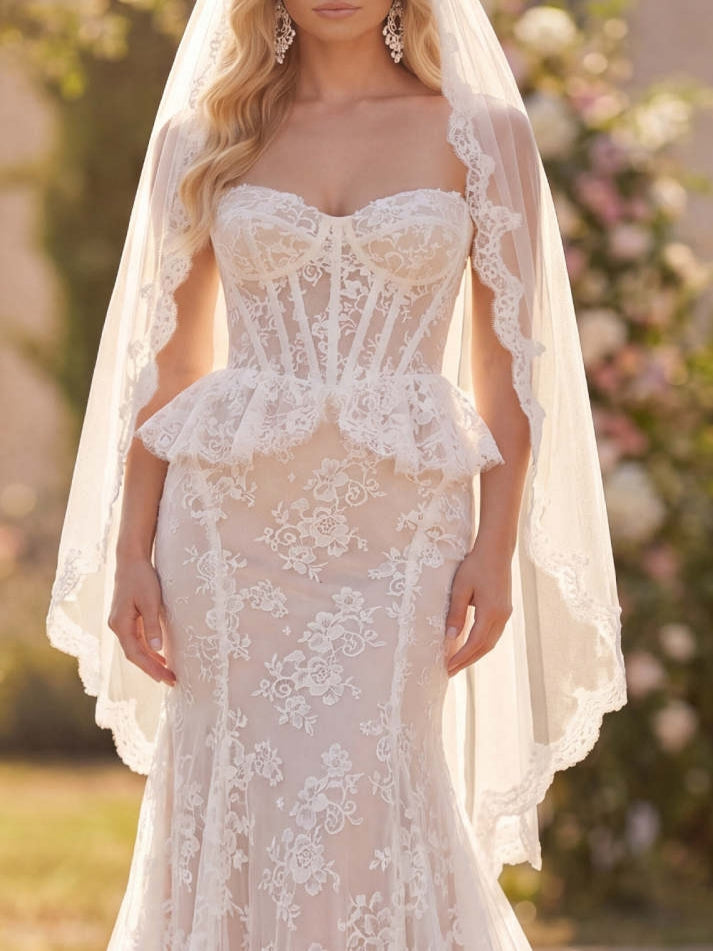 Mermaid White Lace Floral Corset Sweep Train Wedding Dress