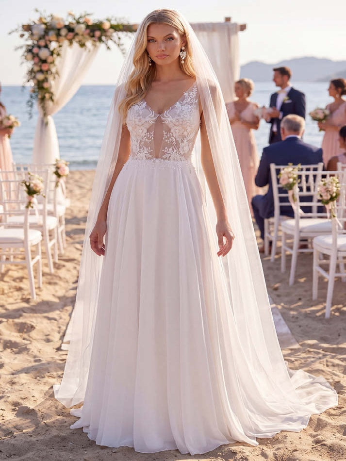 White A Line Floral Appliqued V Neck Floor-Length Wedding Dress