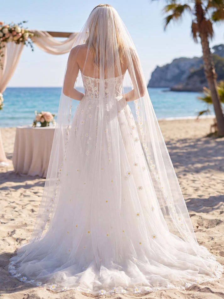 A Line White Floral Corset Floor-Length Wedding Dress