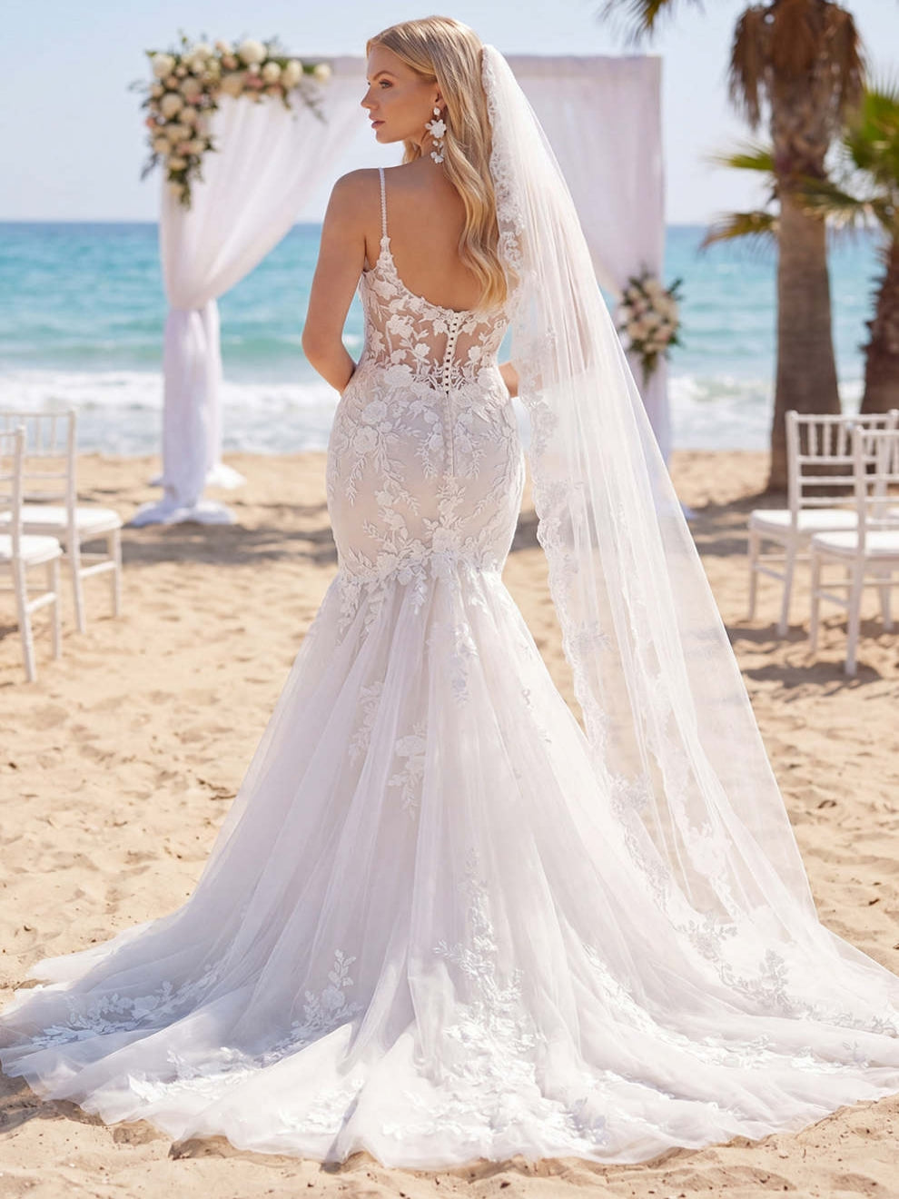 Spaghetti Straps White Lace Floral Floor-Length Beach Wedding Dress