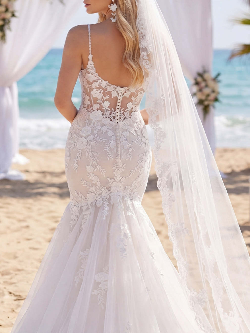 Spaghetti Straps White Lace Floral Floor-Length Beach Wedding Dress