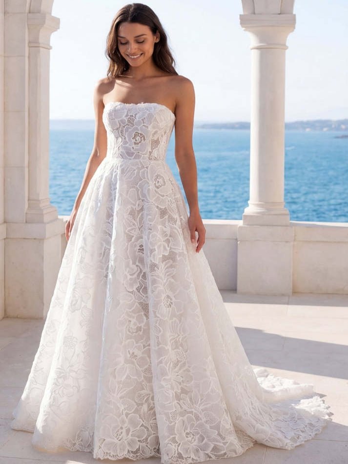 Ivory Floral Lace Strapless Backless Long Boho Beach Wedding Dress