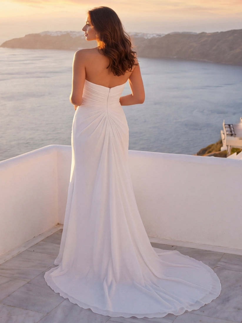 Ruched Strapless Backless Ivory Long Beach Wedding Dress with Slit