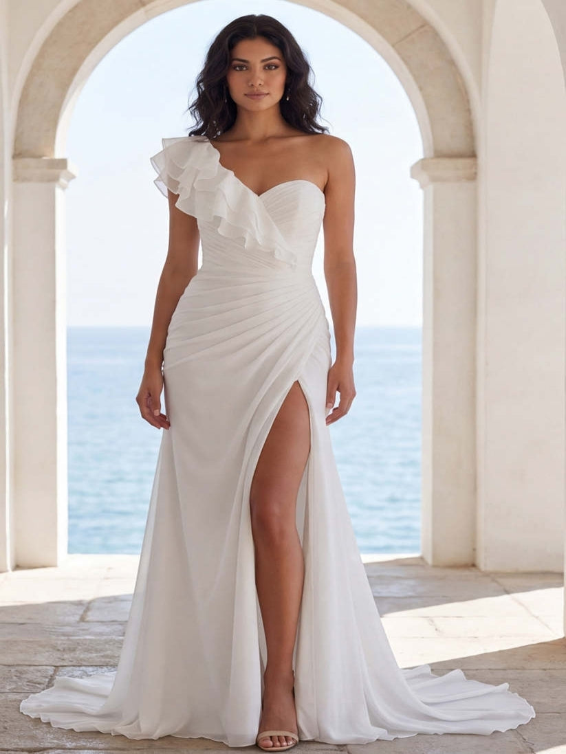 One Shoulder Ruffled Ivory Mermaid Long Beach Wedding Dress with Slit