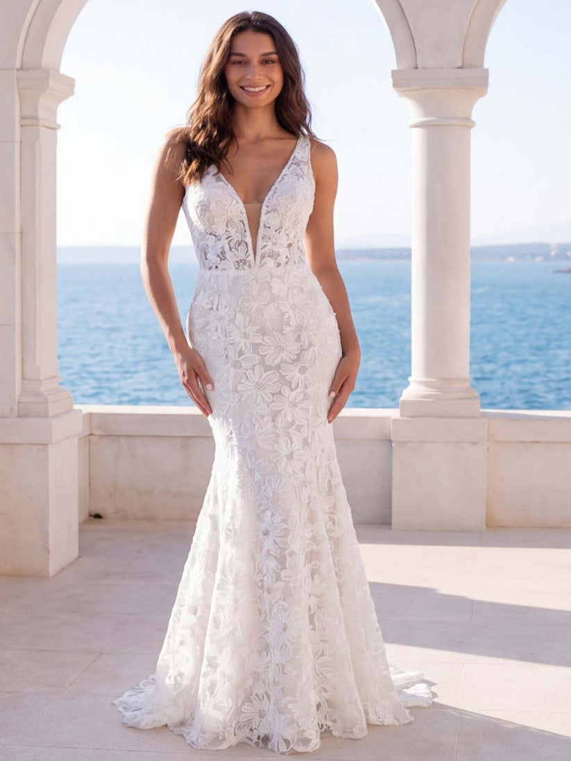 Floral Ivory Lace Mermaid Boho Long Beach Wedding Dress