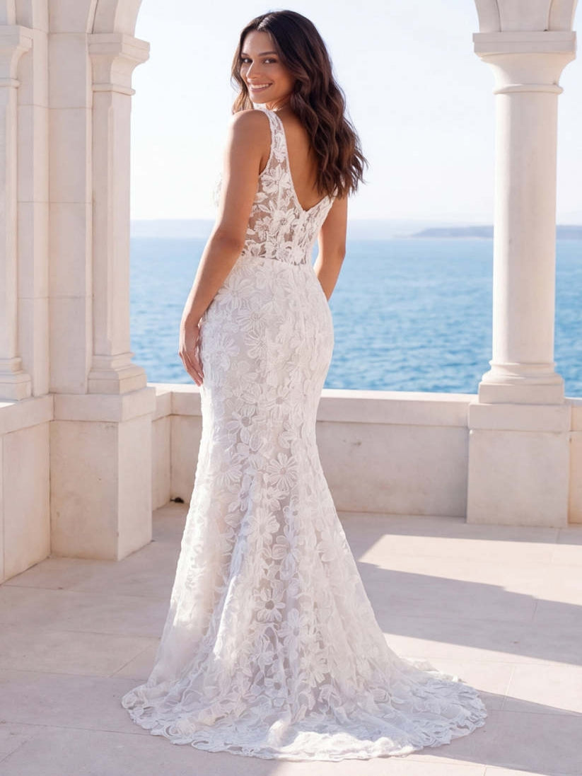 Floral Ivory Lace Mermaid Boho Long Beach Wedding Dress