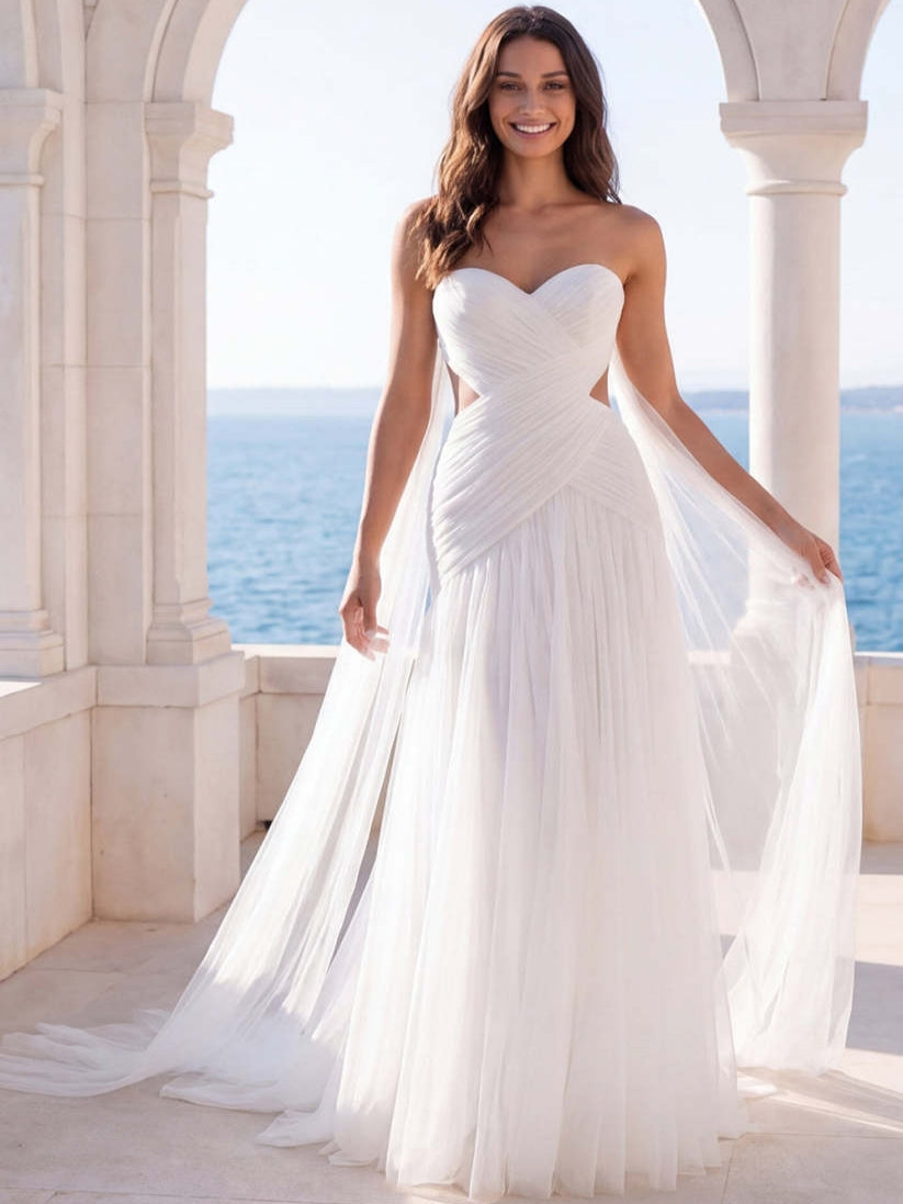 Pleated A Line Ivory Long Beach Wedding Dress