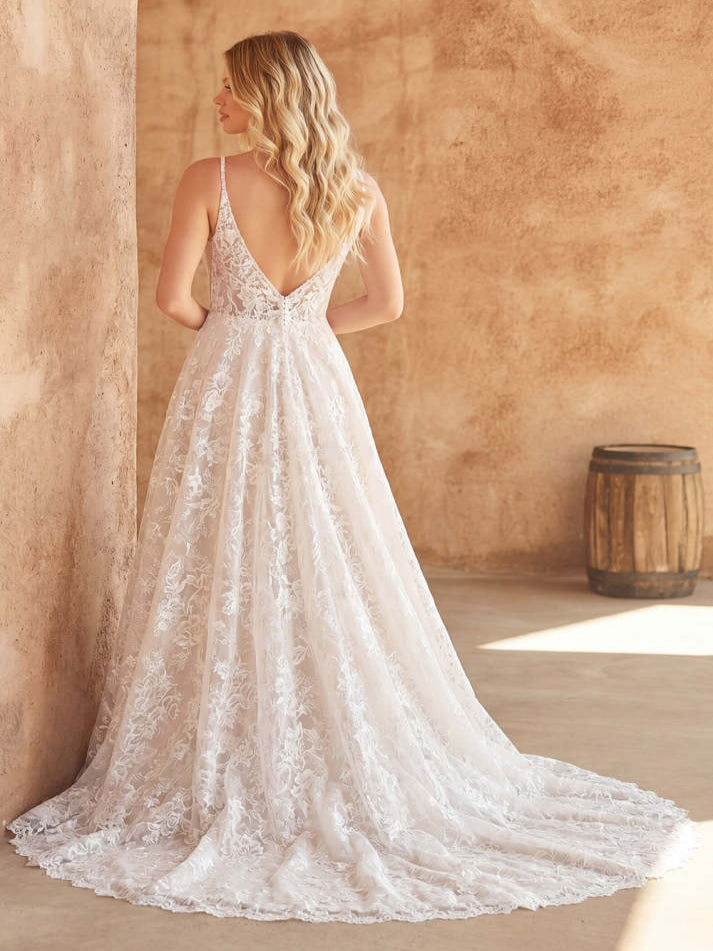 White A Line Lace V-Neck Backless Swep Train Wedding Dress