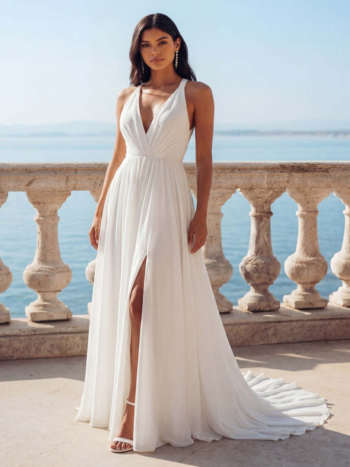 White V-Neck A Line Swep Train Beach Wedding Dress with Slit