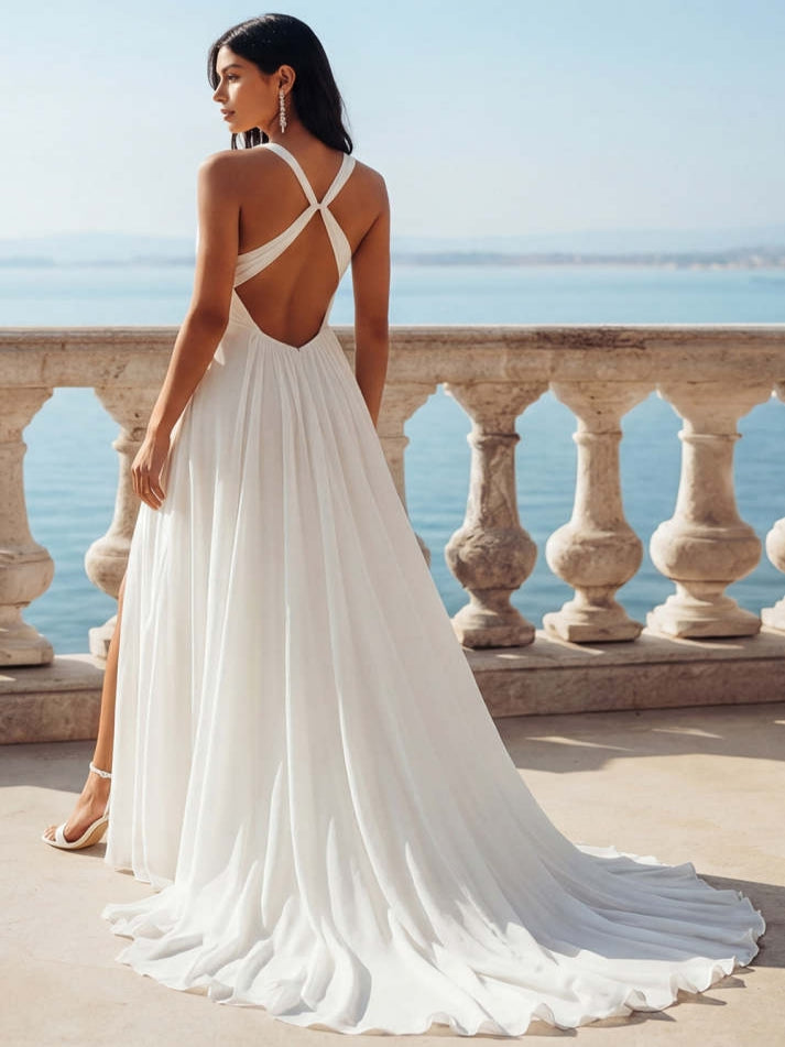 White V-Neck A Line Swep Train Beach Wedding Dress with Slit