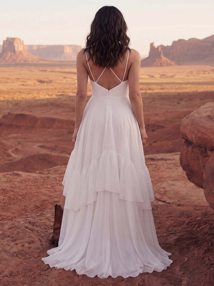 White A Line Swep Train Western Boho Wedding Dress with Ruffles