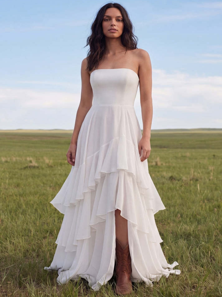 White Strapless A Line Swep Train Tiered Western Wedding Dress with Ruffles