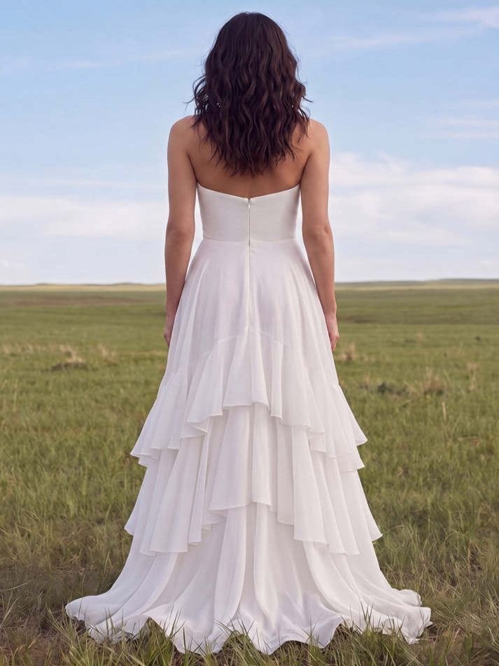 White Strapless A-Line Swep Train Tiered Western Wedding Dress with Ruffles - View 2 | FashionDia