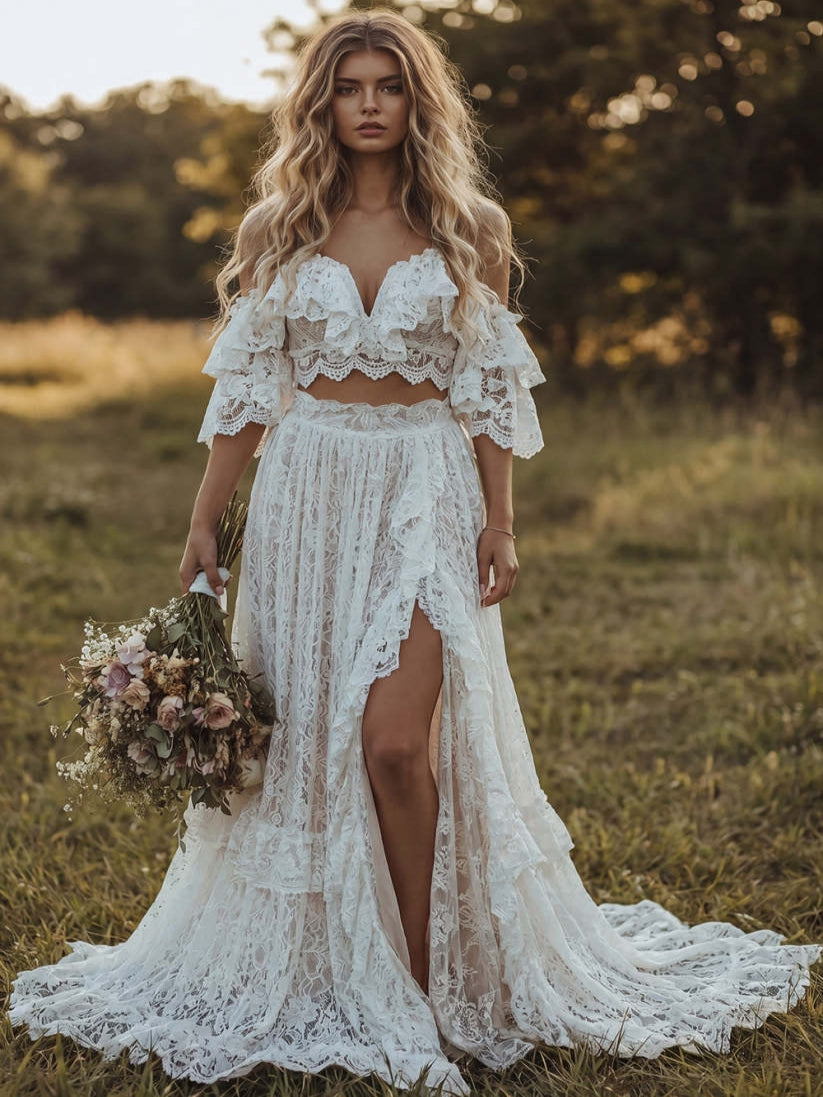 2 Piece White Lace A Line Ruffled Swep Train Boho Wedding Dress with Slit