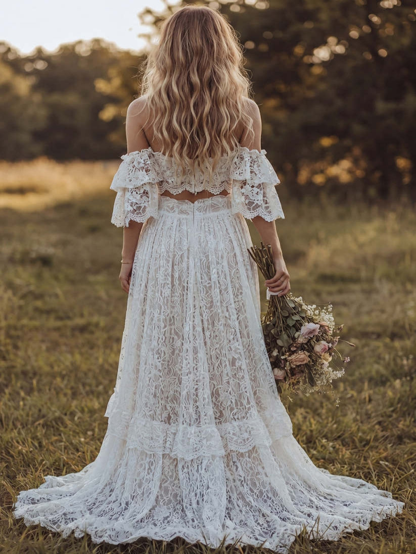 2 Piece White Lace A Line Ruffled Swep Train Boho Wedding Dress with Slit
