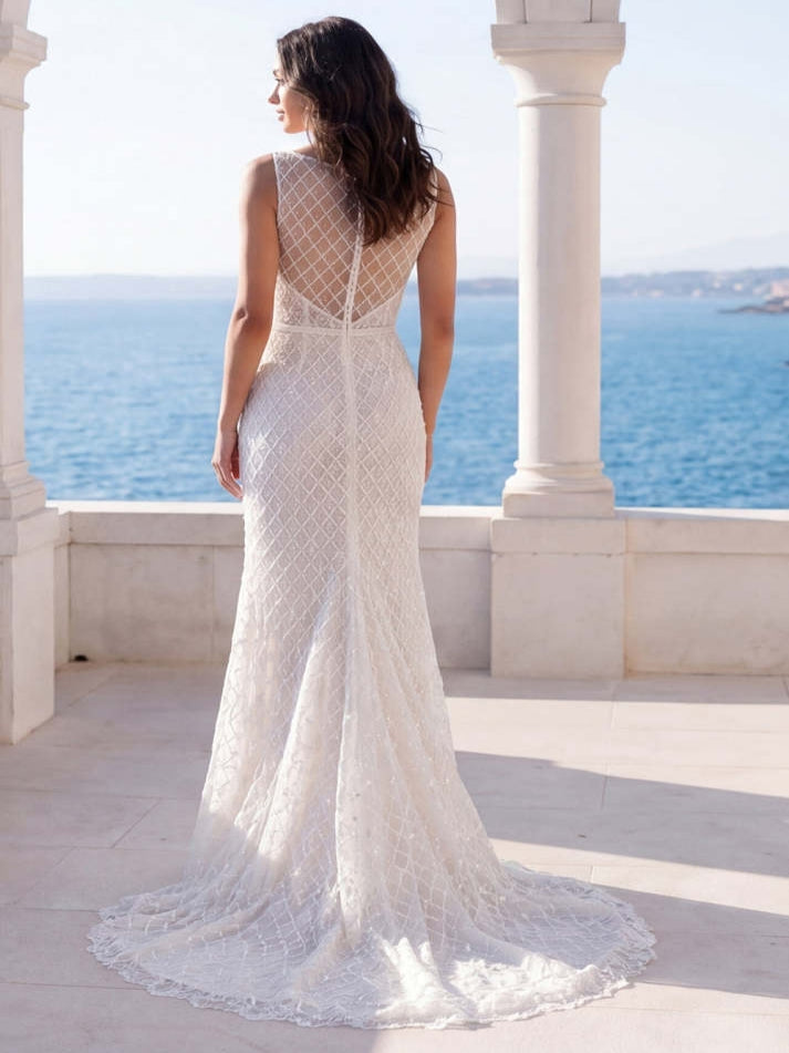 White Bateau Neck Mermaid Swep Train Beach Wedding Dress