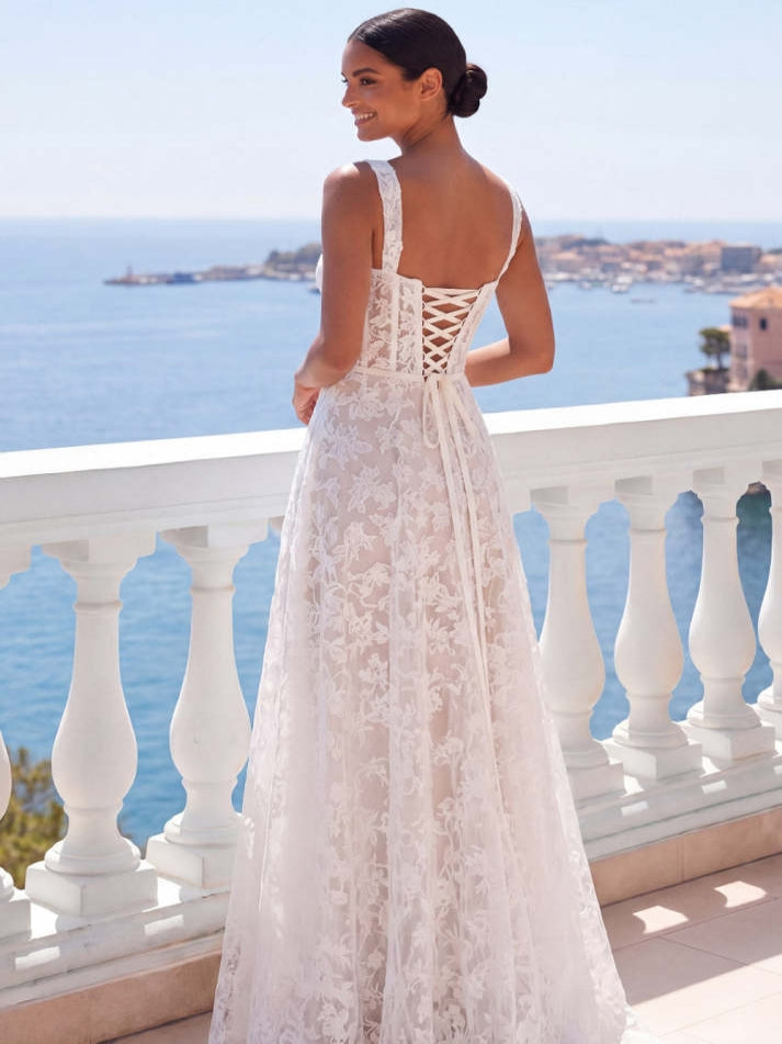 White Lace A Line Long Lace-up Back Beach Wedding Dress with Slit