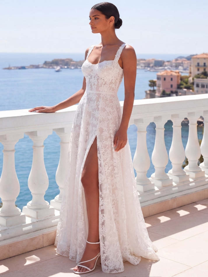 White Lace A Line Long Lace-up Back Beach Wedding Dress with Slit