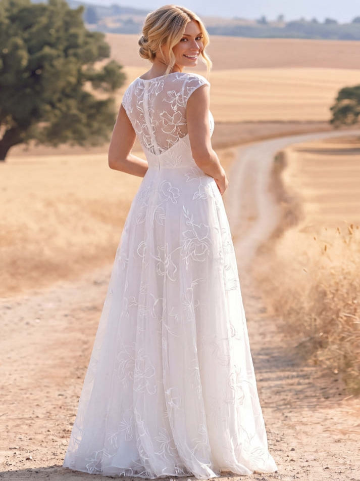 White Lace A Line Long Cap Sleeves Boho Wedding Dress with Slit