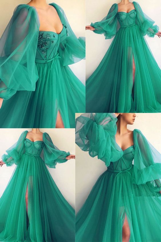 Puffy Sleeve Prom Dress Sweetheart Tulle Ball Gown A-Line Princess Dress - FashionDia