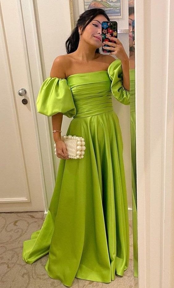 Sexy Off-the-Shoulder puff sleeve Floor-Length gown satin long evening dress - FashionDia