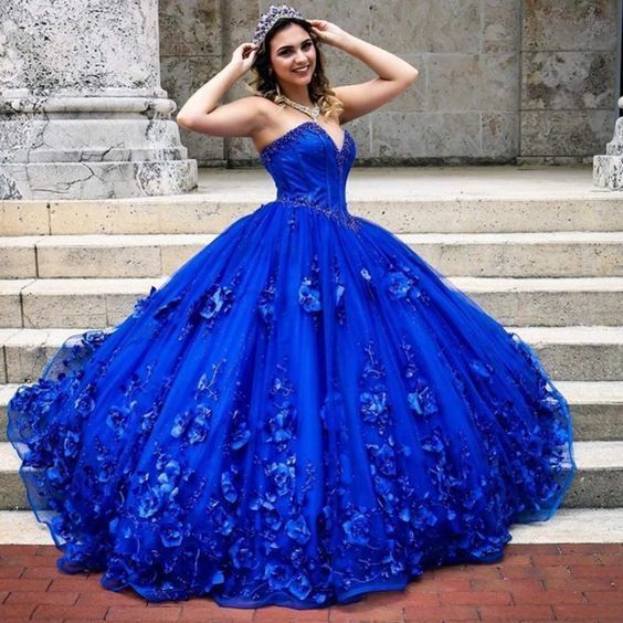 Royal Blue Quinceanera Flowers Corset Top Ball Gown 3D Flowers Sweet 16 Dress - FashionDia