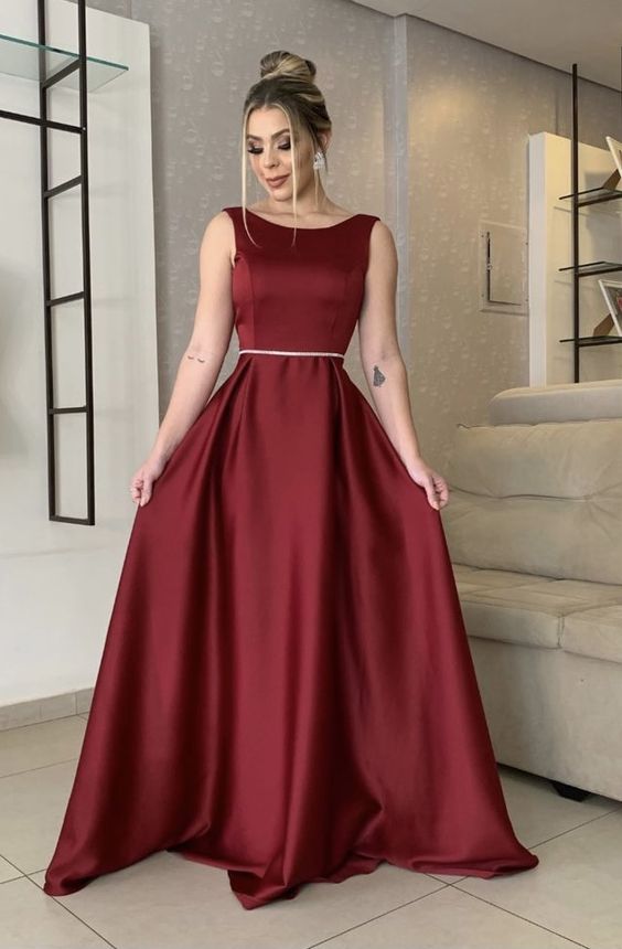Burgundy Bateau Neckline Long Prom Dress Chic Evening Dress Sleeveless Formal Gown