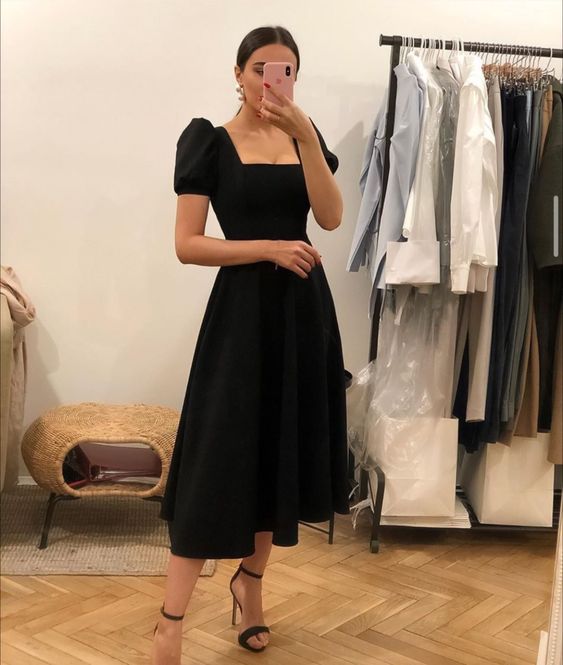 Trendy & Stylish Puff Sleeves Dresses Black Simple Prom Dress