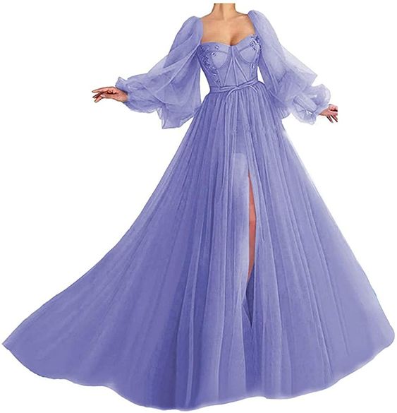 Puffy Sleeves Tulle Ball Gowns Sweetheart Formal Prom Dresses Princess Wedding Dresses with Slit