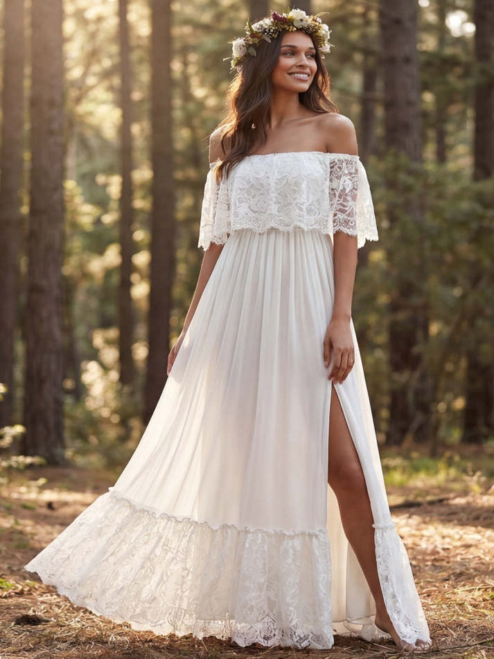 Ivory Off the Shoulder A Line Sweep Train Beach Wedding Dress with Slit