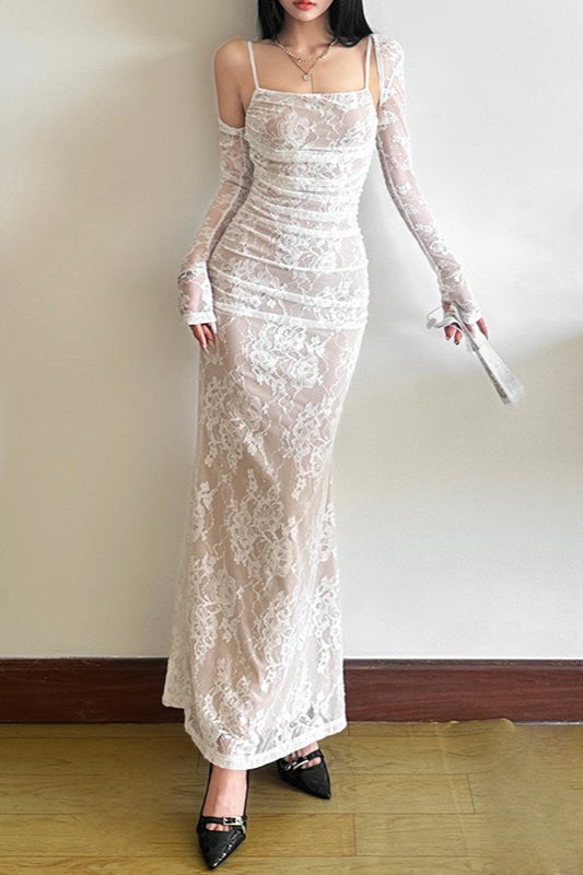 Fish Tail Square Neck Lace Dress - View 4 | VelvetHem