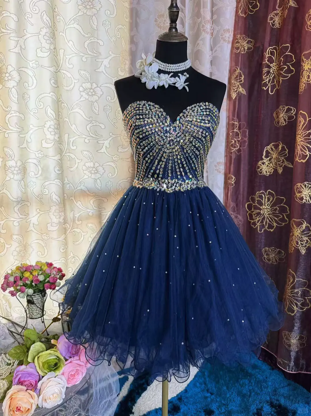 Sparkly Sweetheart Neck Blue Tulle Beaded A-Line Short Prom Dress Formal Homecoming Dress - FashionDia