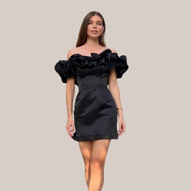Angeles Effortless Off the Shoulder Cocktail Dress with Ruffle Detail Boutique Collection