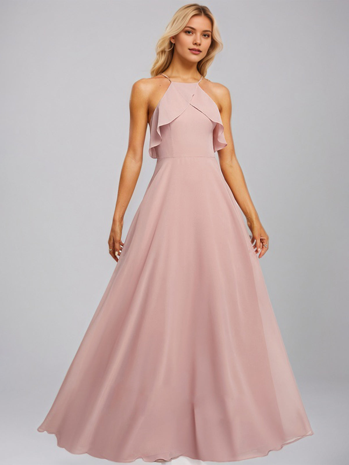 Dusty Rose A-Line Halter Floor-Length Chiffon Bridesmaid Dress With Ruffle