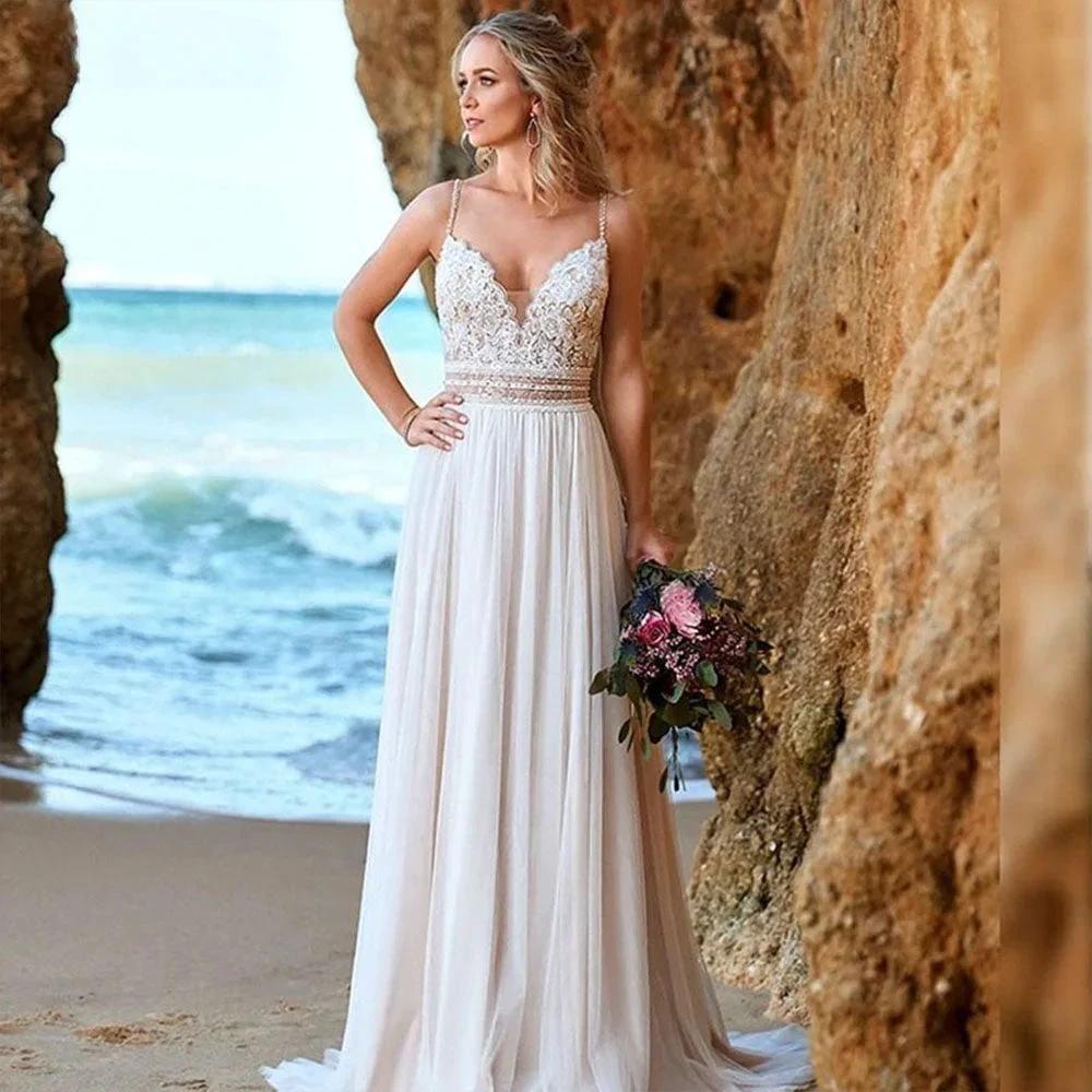 Simple Backless Chiffon V-Neck Bohemian Wedding Dress for Bride Lace Applique Sleeveless Beach Bridal Gown Robe De Mariée (ZD13463)