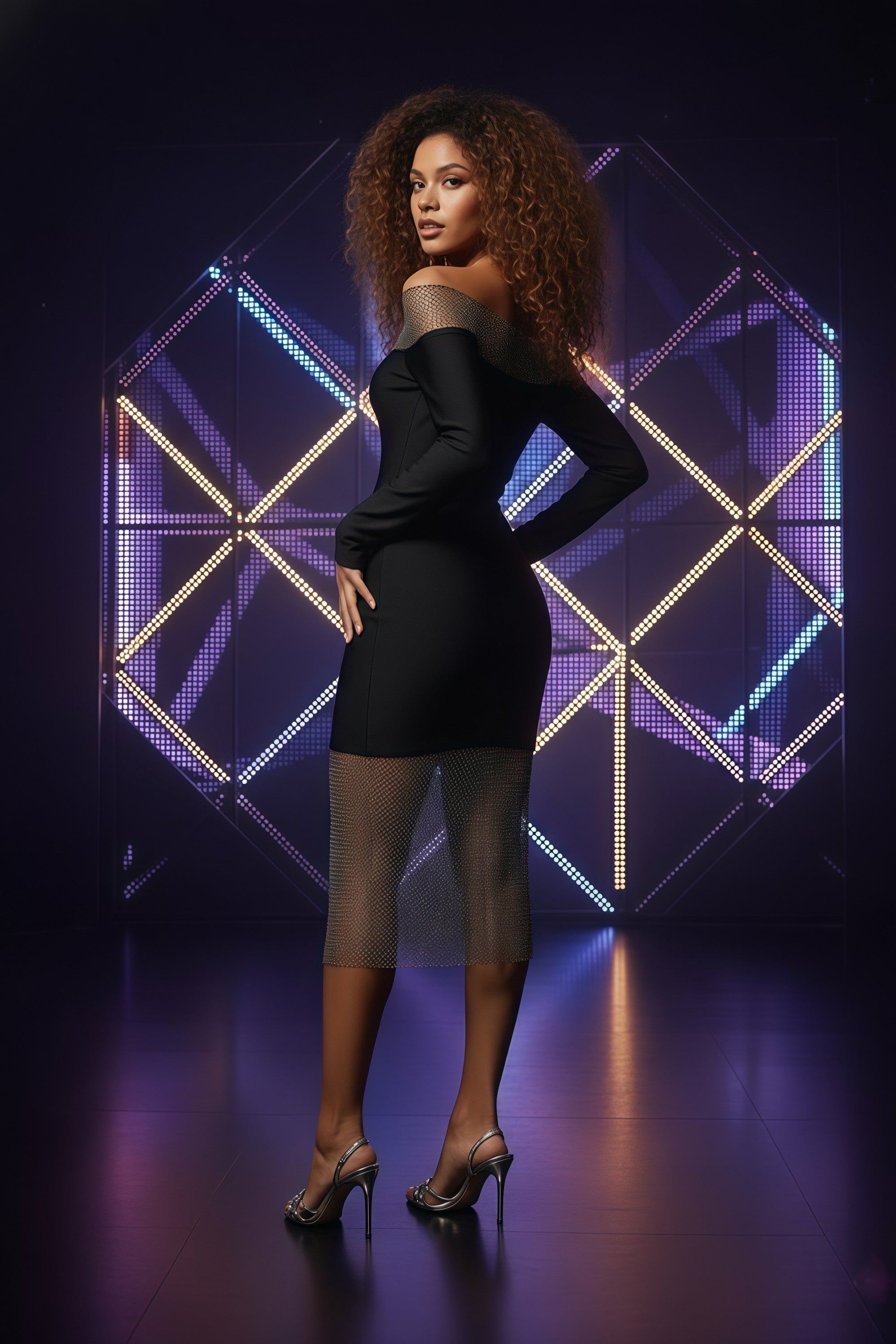 Off-The-Shoulder Long-Sleeve Midi Dress with Rhinestone Mesh Panels