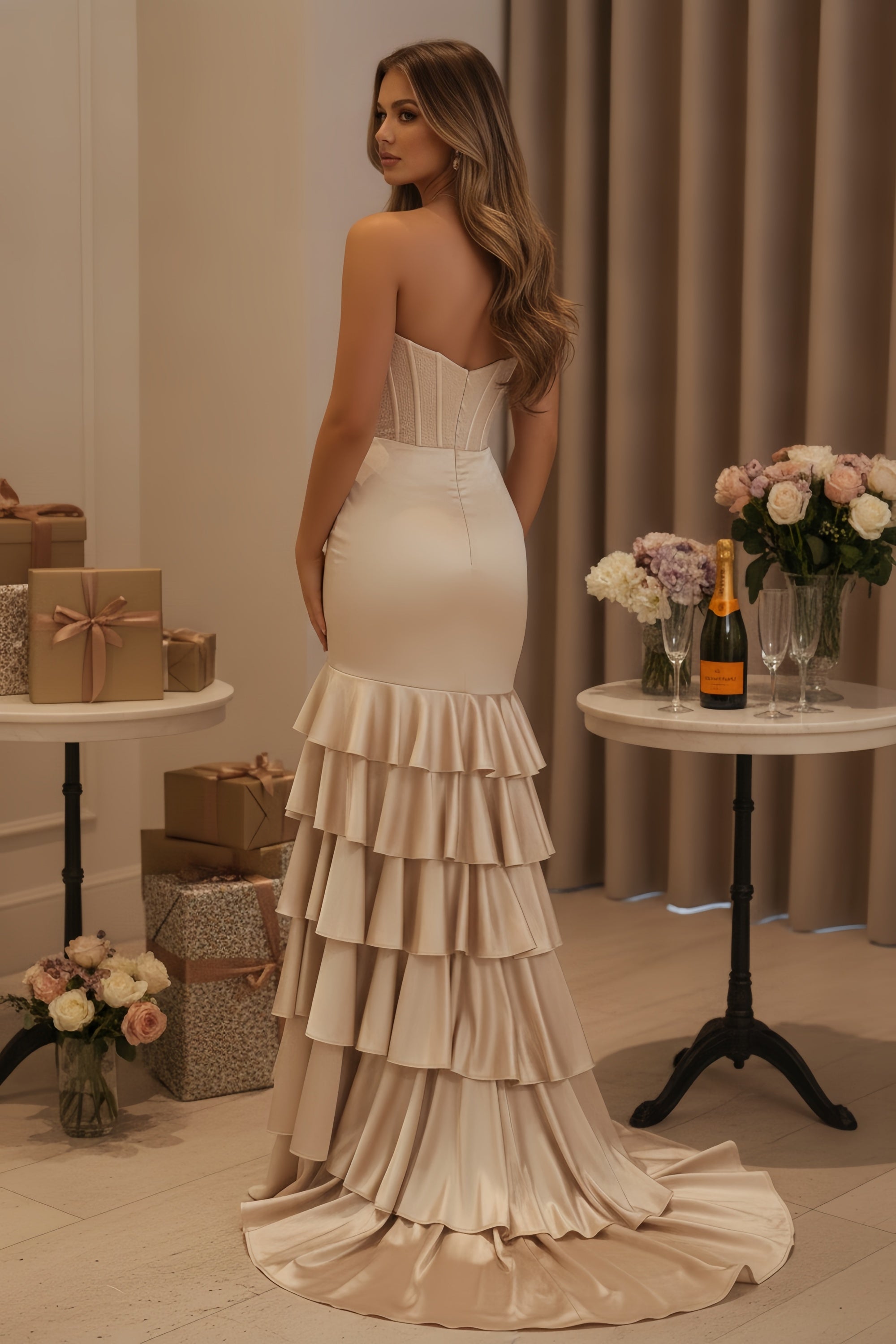 Strapless Corset Bodice Satin Evening Gown with Ruffled Skirt