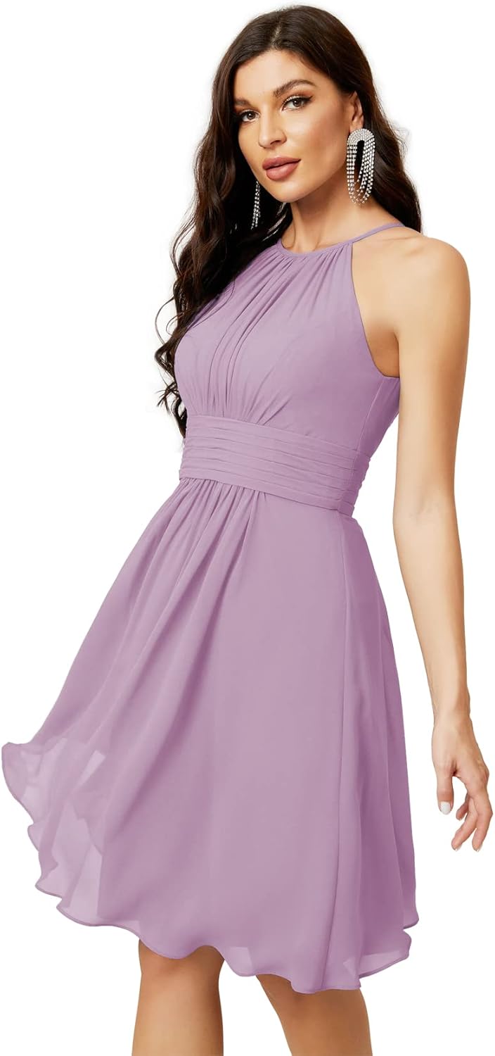 Sunnderly Short Halter Top Chiffon Bridesmaid Dresses Tea Length A Line Formal Evening Party Cocktail Dress Dusty Rose - View 6 | VelvetHem