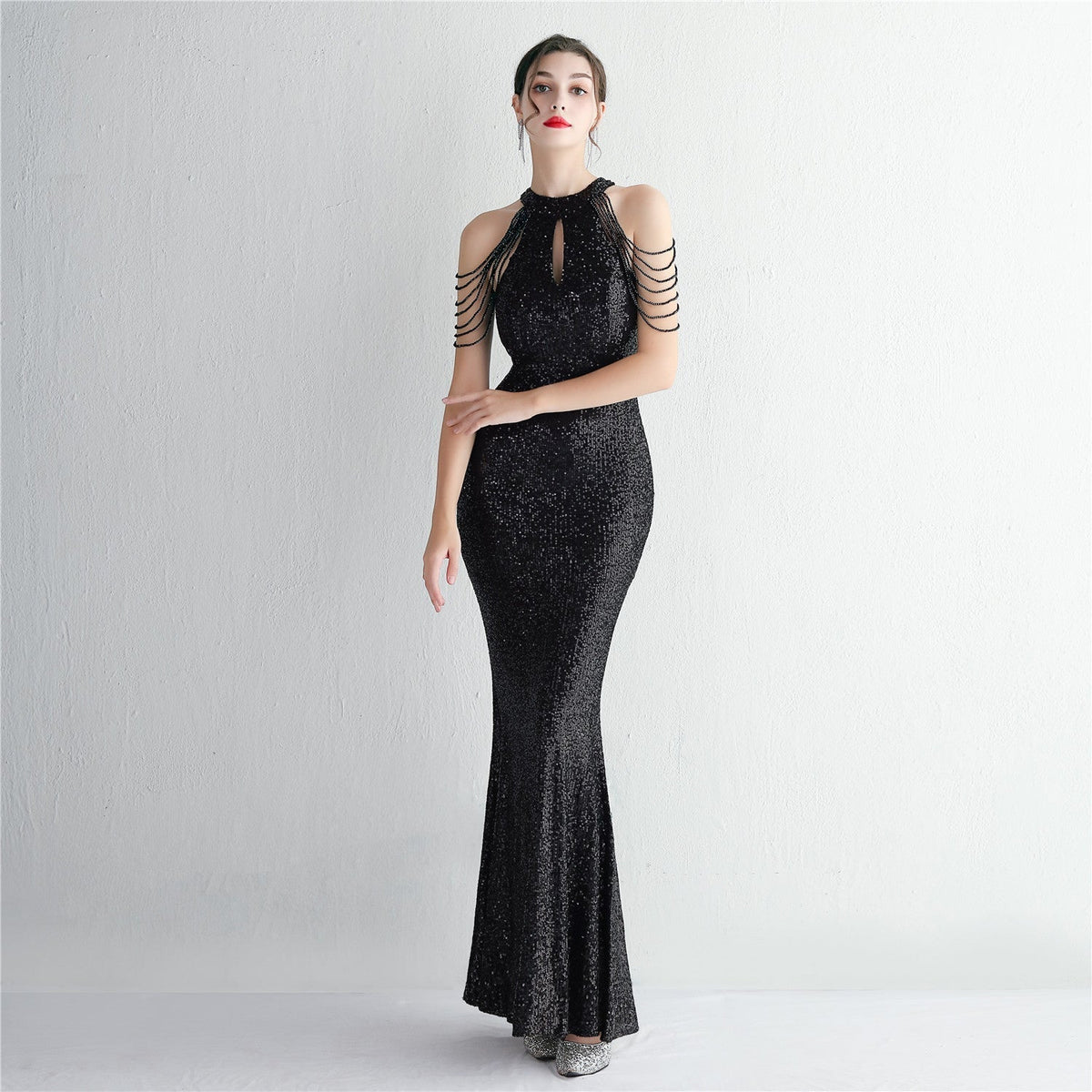 Sequined Craft Beading Cocktail Evening Dress Elegant Long Halter Slim Fit Fishtail - View 2 | VelvetHem