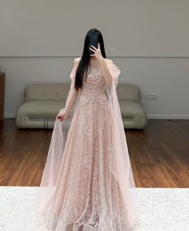 Off-the-Shoulder Tulle Pink Prom Party Dress Evening Dress Birthday Dress - FashionDia