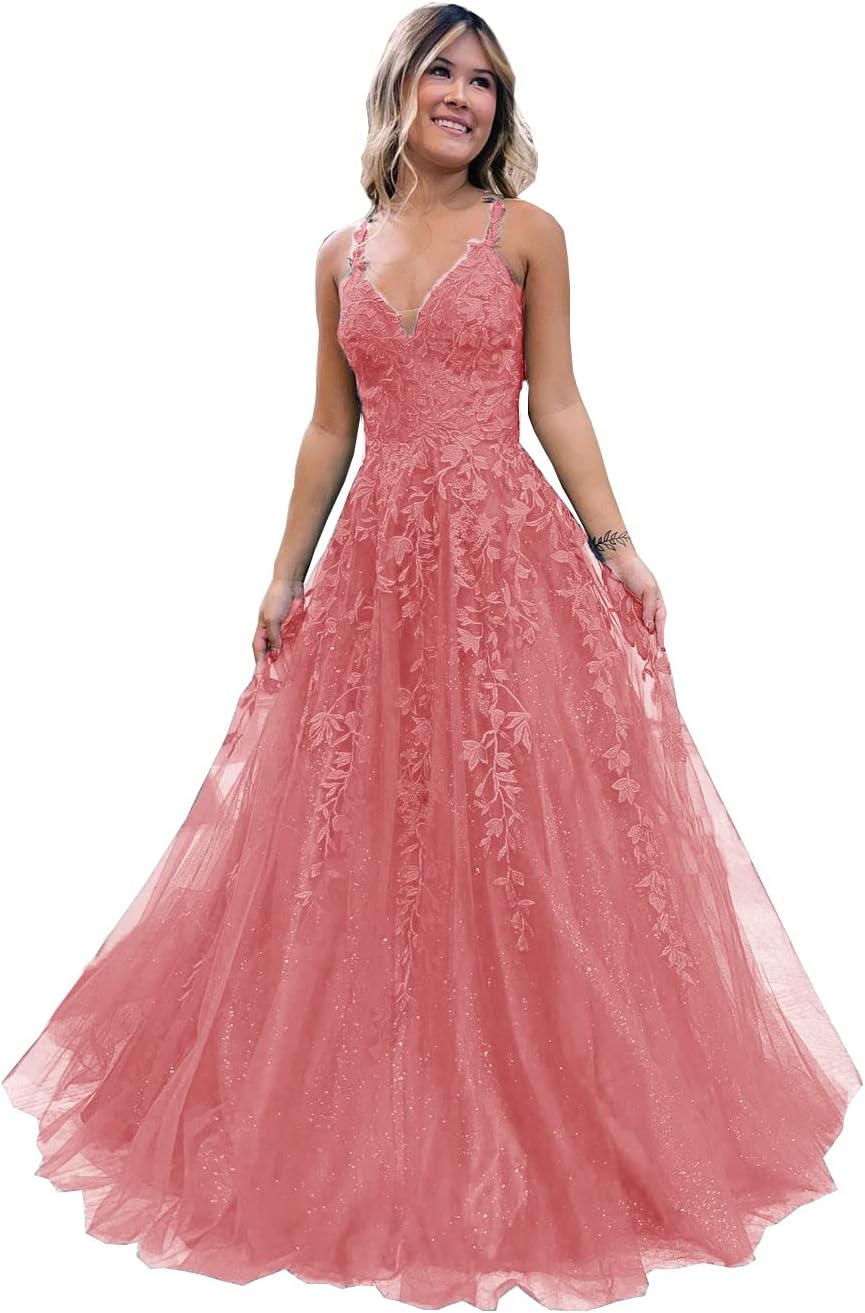 Floral Lace Glitter Tulle Prom Dress Long Ball Gown V Neck Formal Evening Dress Maxi Party Gown