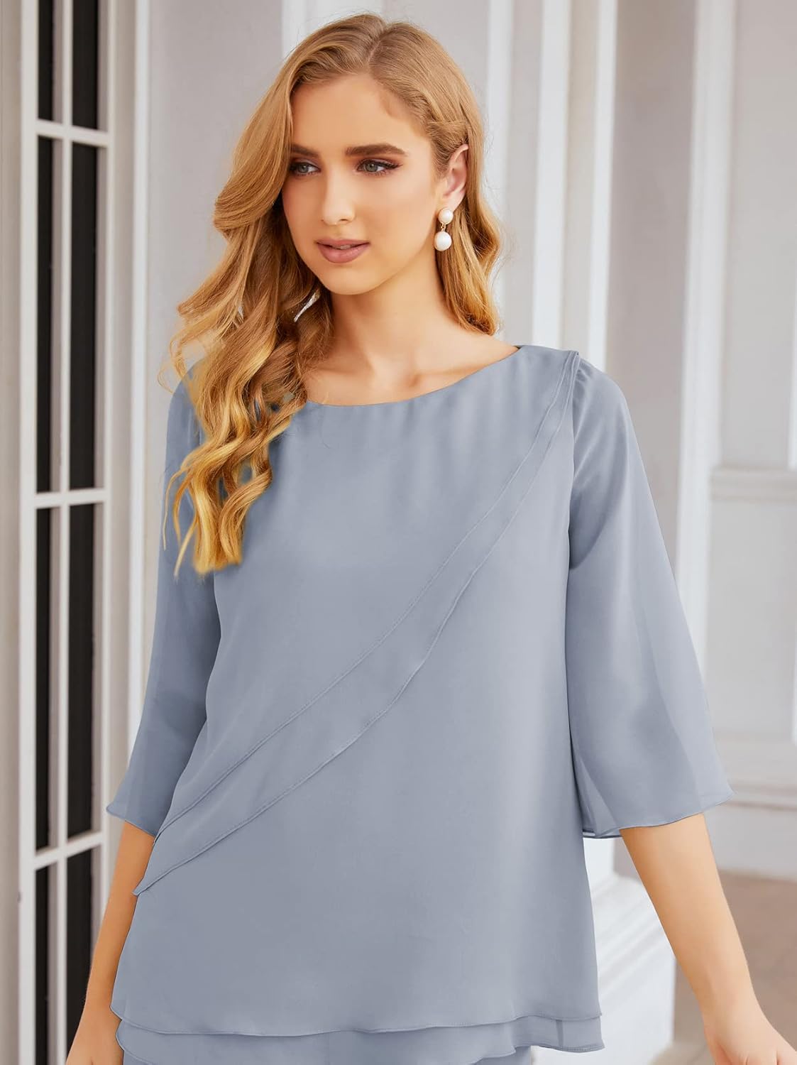 Sunnderly Chiffon Mother of The Bride Dress Plus Size Pant Suits Ruffle Layers - View 3 | VelvetHem