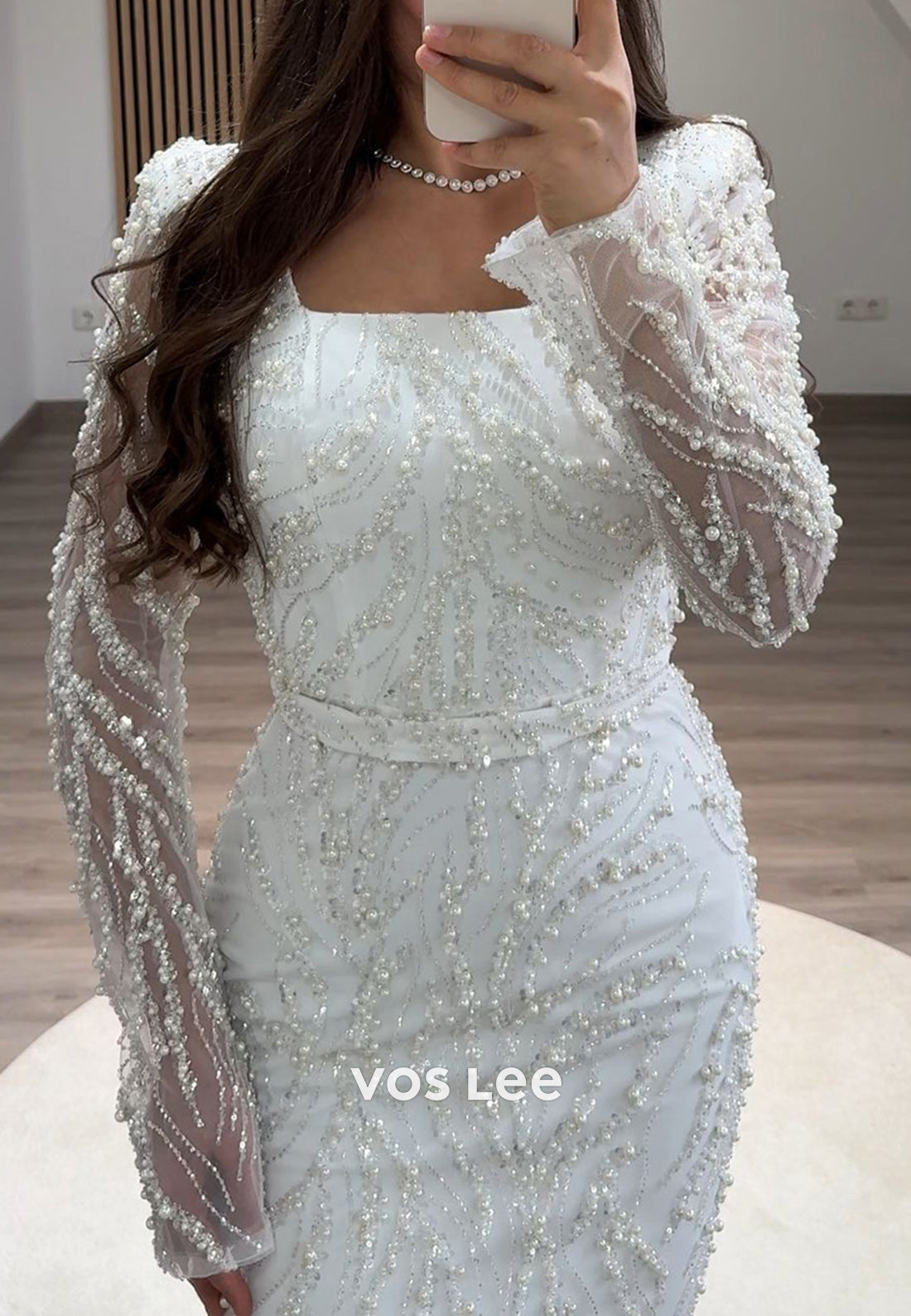 Column Floor-Length Square Long Sleeve Beading Glitter Split Formal Evening Dresses