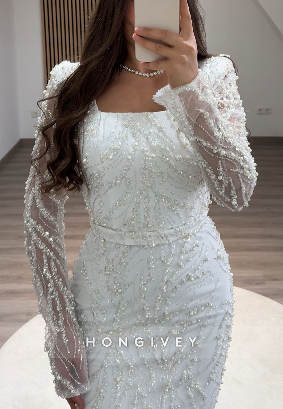 Column Floor-Length Square Long Sleeve Beading Glitter Split Formal Evening Dresses
