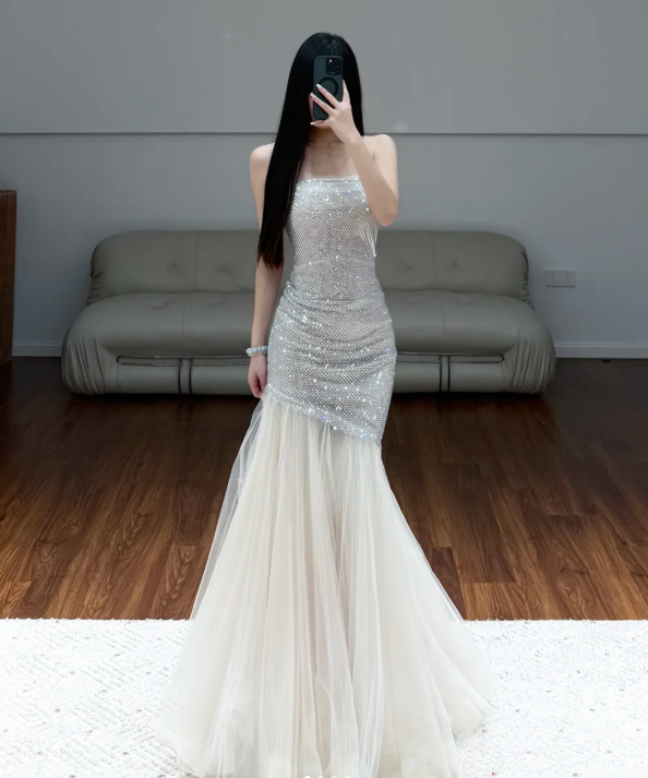 Sleeveless Silver Prom Party Dress Mermaid Evening Dress