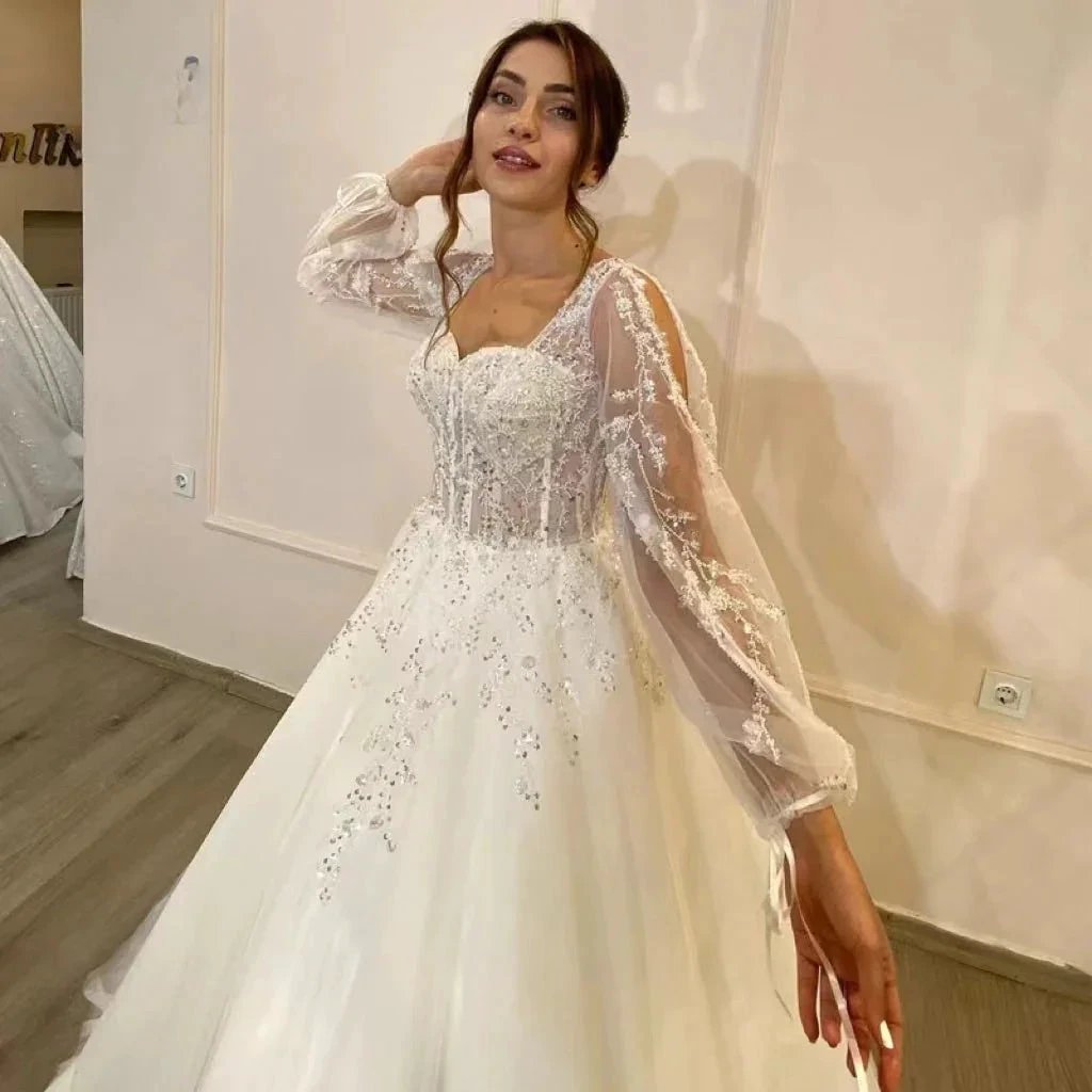 White Wedding Dresses Sweetheart Shiny Appliques Grace Bridal Gowns 2023 Puff Sleeve Tulle A-Line Princess (ZD13389)