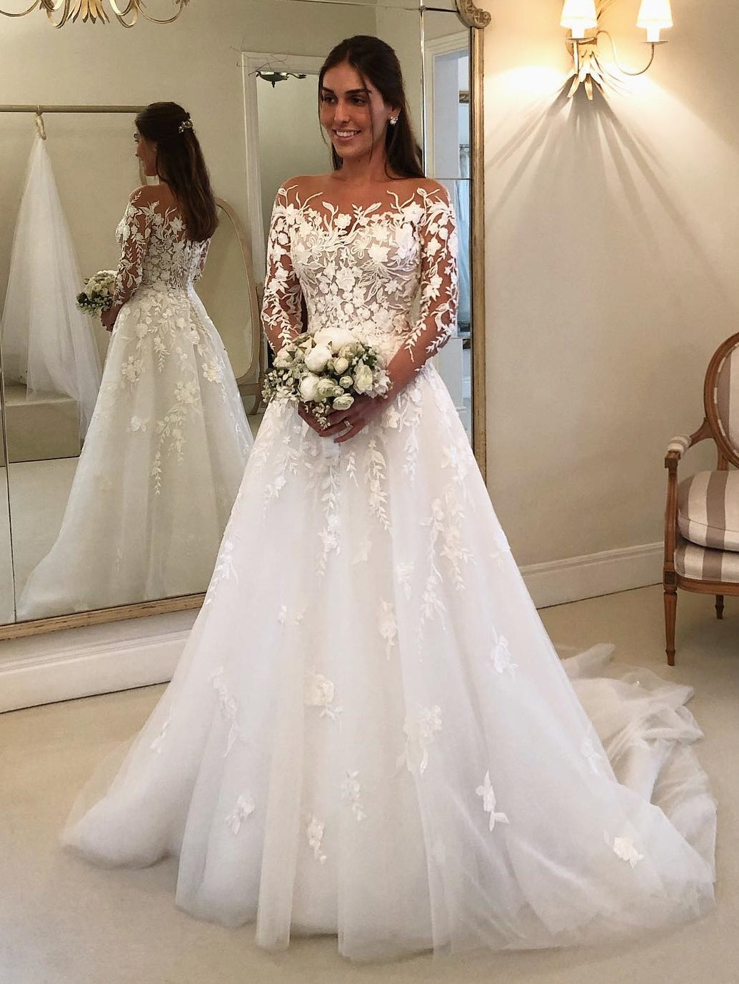 Tulle Illusion Neck A-Line Lace 3/4 Sleeves Wedding Dress With Train