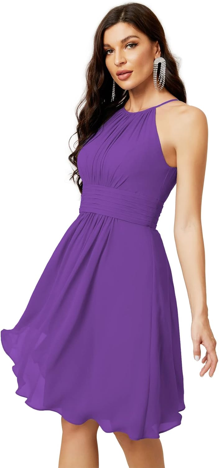 Sunnderly Short Halter Top Chiffon Bridesmaid Dresses Tea Length A Line Formal Evening Party Cocktail Dress Dusty Rose
