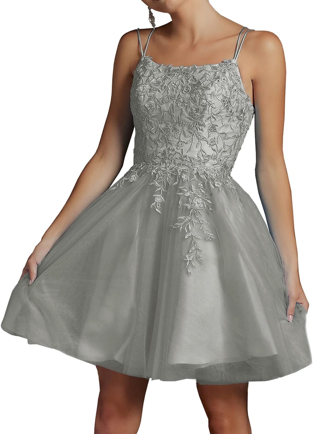 Modest Lace Beaded Tulle Homecoming Dresses Short Square Neck Prom Dress Spaghetti Straps Party Gown