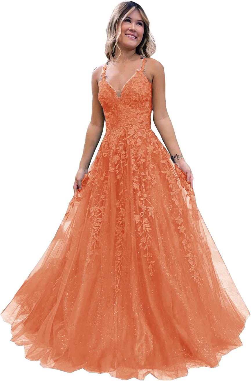 Floral Lace Glitter Tulle Prom Dress Long Ball Gown V Neck Formal Evening Dress Maxi Party Gown - View 12 | VelvetHem